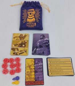 A picture of the components for the card game Infinity Gauntlet: A Love Letter Game.