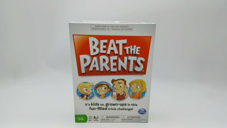 A picture of the box for Beat the Parents featuring the title in big white text inside of a red square. Below is cartoony art of a blonde boy in a skeleton shirt, a brown-haired girl in an orange and yellow shirt, a brown-haired father that looks confused while reading a card, and a blonde mother in an orange shirt.
