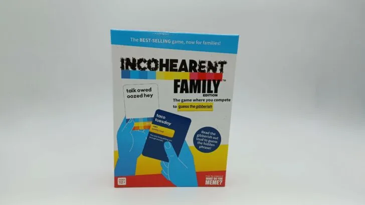 A picture of the box for Incohearent: Family Edition featuring two blue hands showing the front of a card and the back.