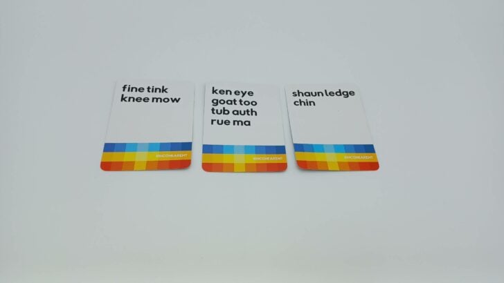 This image shows three sample cards. The first says "fine tink knee mow," the second "ken eye goat too tub auth rue ma," and the last says "shaun ledge chin."