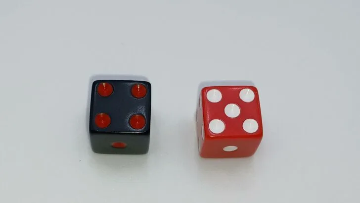A player rolling a four on the black die and a five on the red die